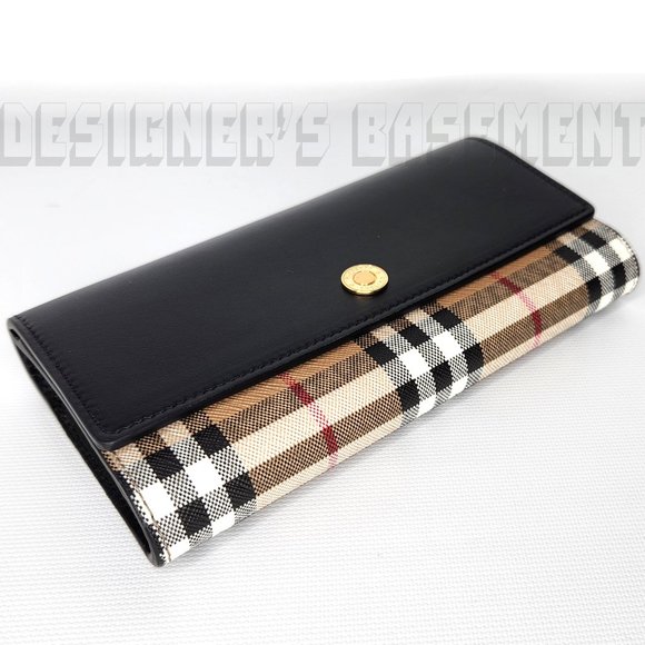 BURBERRY black leather HALTON Vintage Check coated canvas Continental Wallet NWT - Picture 5 of 7